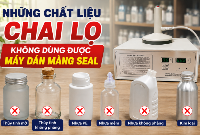 Những chất liệu chai lọ không dùng được máy dán màng seal 