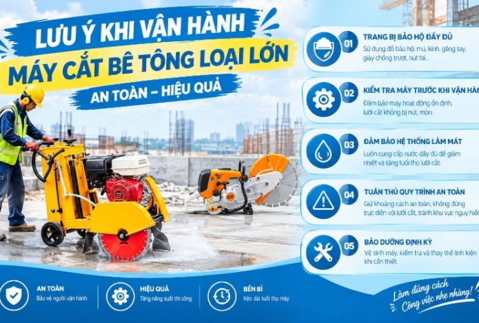 Lưu ý khi vận hành máy cắt bê tông loại lớn an toàn, hiệu quả