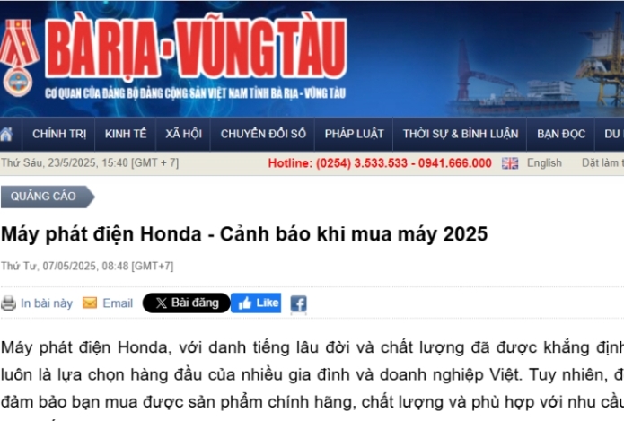 Báo Bà Rịa – Vũng Tàu Cảnh Báo: Cẩn trọng khi mua máy phát điện Honda