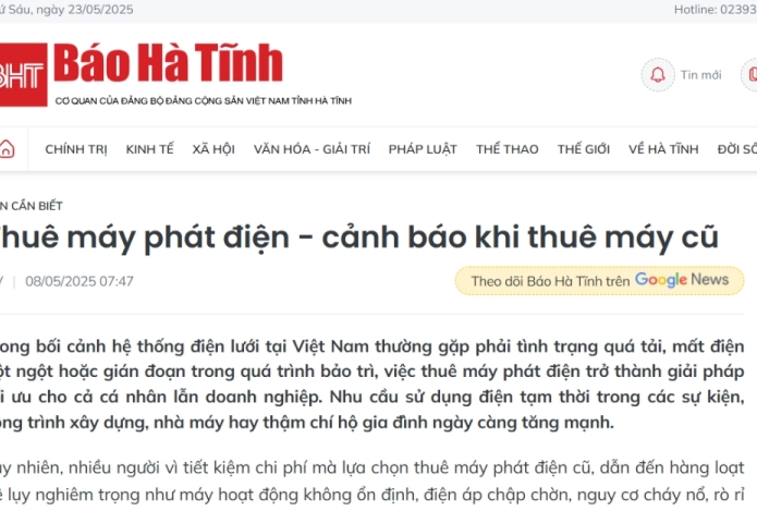 Baohatinh.vn - Cảnh Báo Khi Thuê Máy Phát Điện Cũ