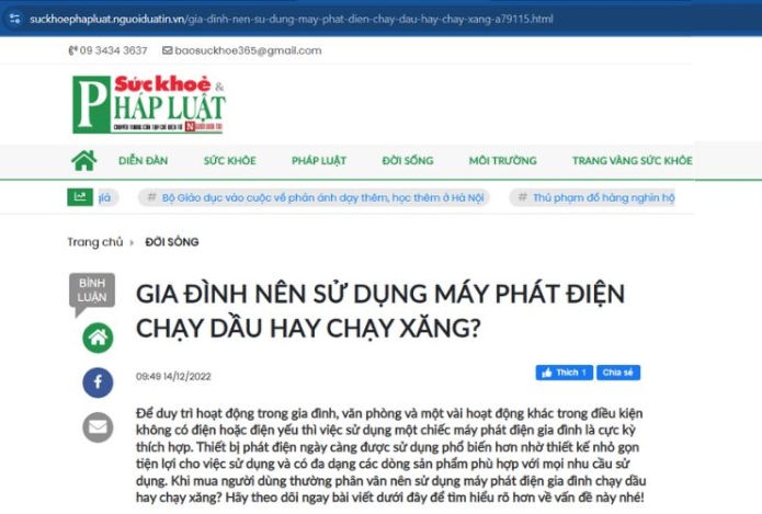 Sức Khỏe Pháp Luật| Nên sử dụng máy phát điện chạy xăng hay dầu