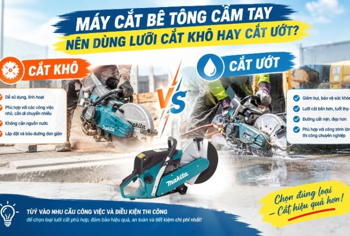 Máy cắt bê tông cầm tay nên dùng lưỡi cắt khô hay cắt ướt