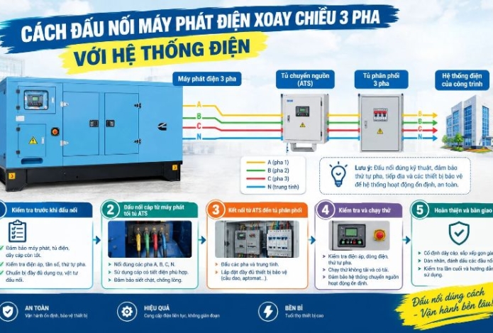 Cách đấu nối máy phát điện xoay chiều 3 pha với hệ thống điện