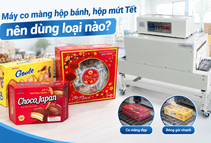 Hình ảnh Máy co màng hộp bánh, hộp mứt Tết nên dùng loại nào?