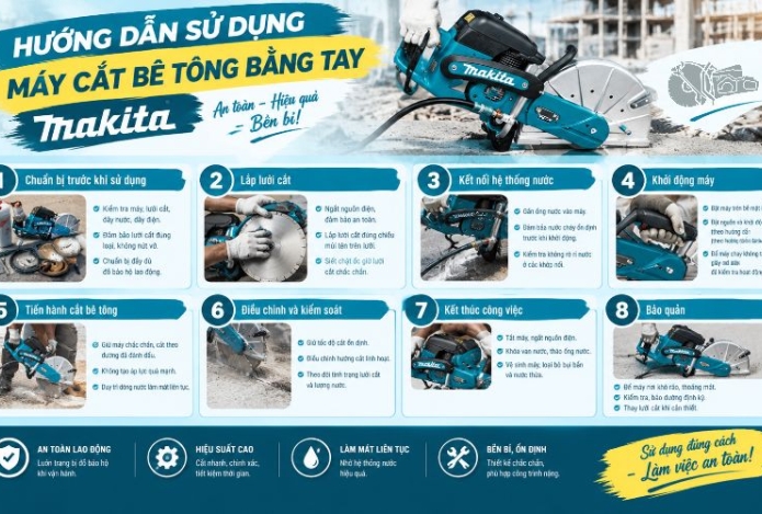 Hướng dẫn sử dụng máy cắt bê tông bằng tay Makita