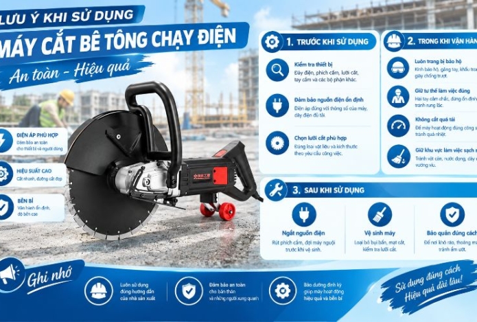 Lưu ý khi sử dụng máy cắt bê tông chạy điện an toàn, hiệu quả