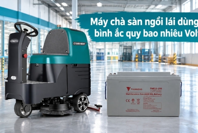 Máy chà sàn ngồi lái dùng bình ắc quy bao nhiêu Volt