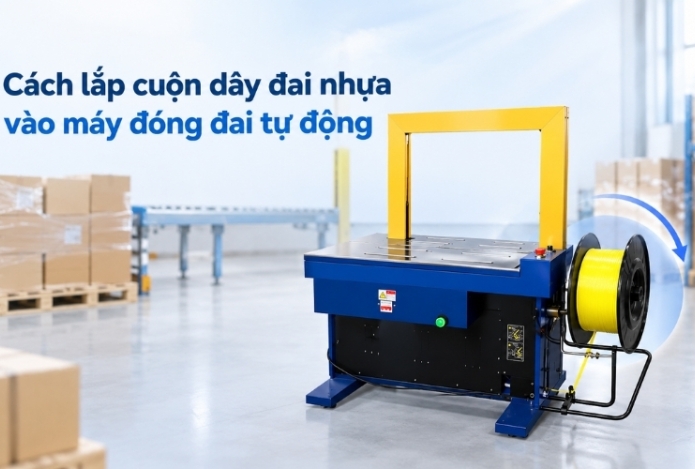 Cách lắp cuộn dây đai nhựa vào máy đóng đai tự động