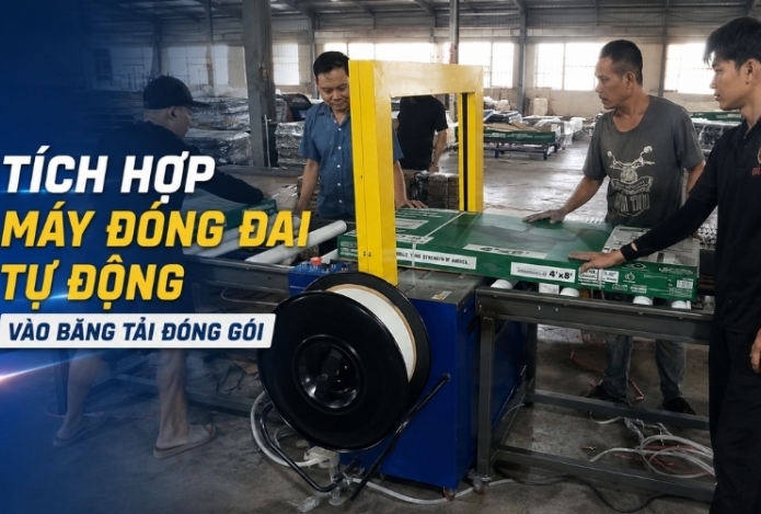 Tích Hợp Máy Đóng Đai Tự Động Vào Băng Tải Đóng Gói