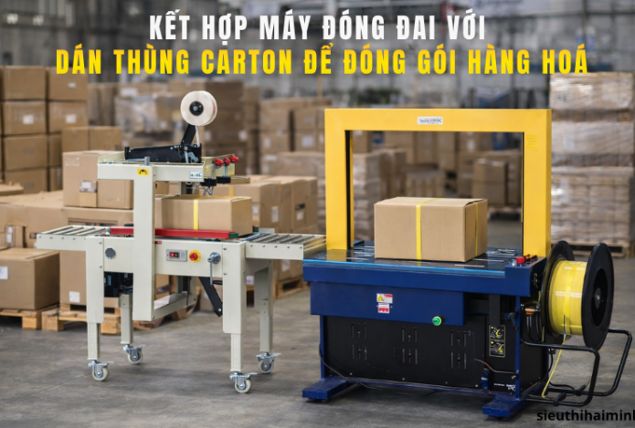 Kết hợp máy đóng đai với dán thùng carton để đóng gói hàng được không?