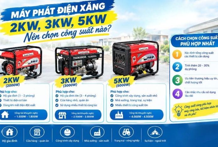 Máy phát điện xăng 2kw, 3kw, 5kw: Nên chọn công suất nào
