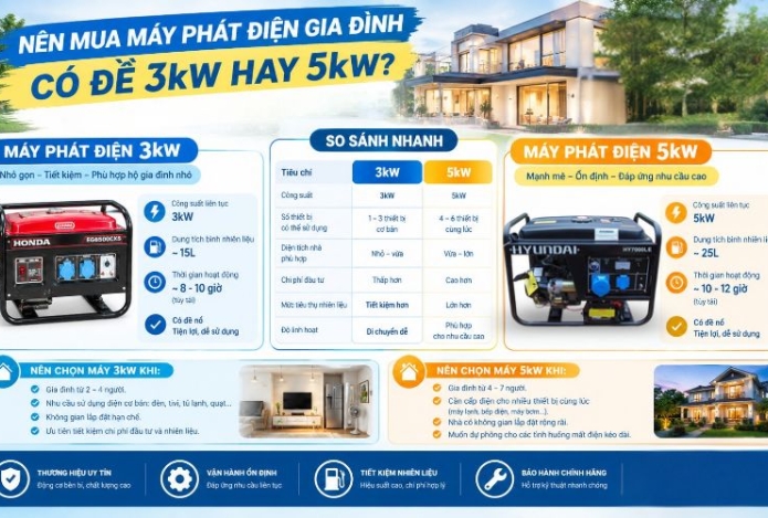 Nên mua máy phát điện gia đình có đề 3kW hay 5kW