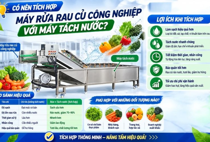 Có nên tích hợp máy rửa rau củ công nghiệp với hệ thống tách nước