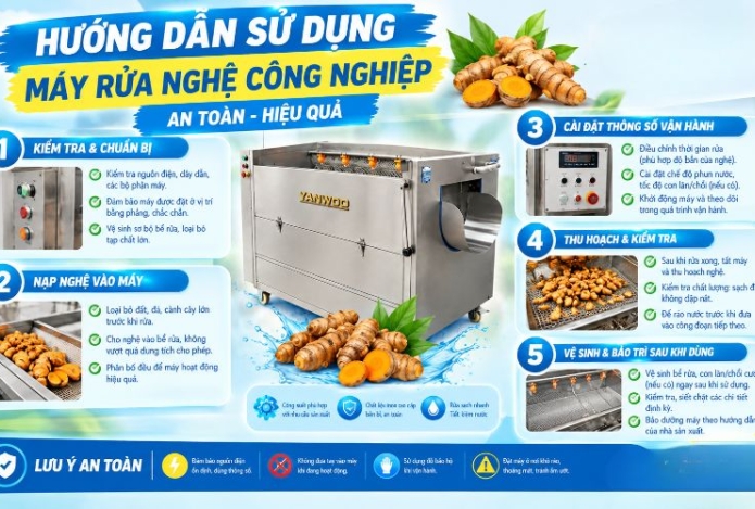 Hướng dẫn sử dụng máy rửa nghệ công nghiệp an toàn, hiệu quả