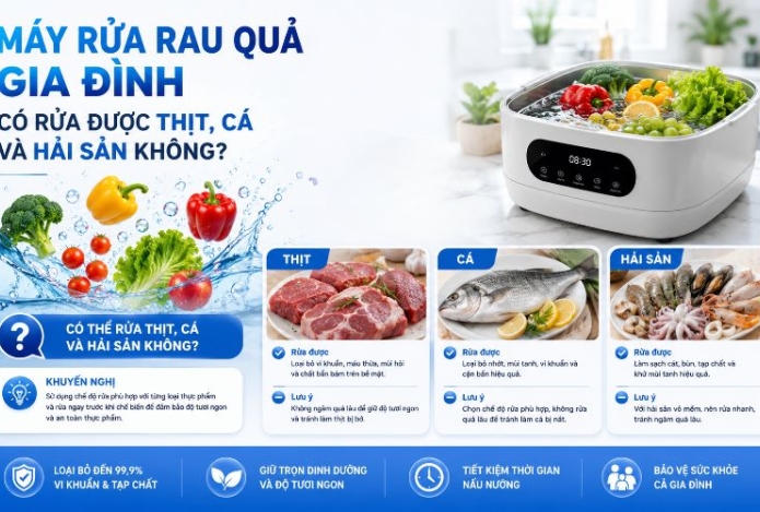 Máy rửa rau quả gia đình có rửa được thịt, cá và hải sản không