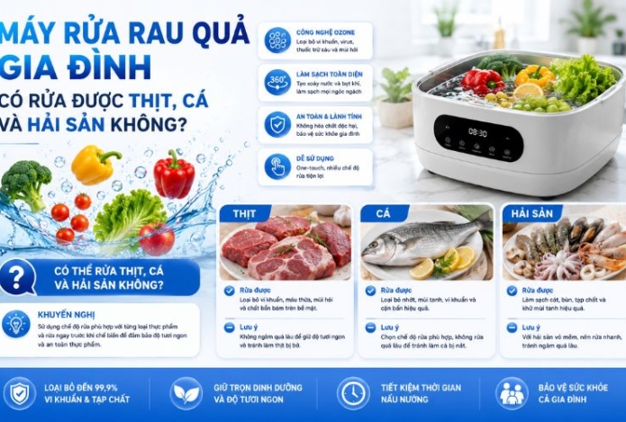 Máy rửa rau quả gia đình có rửa được thịt, cá và hải sản không