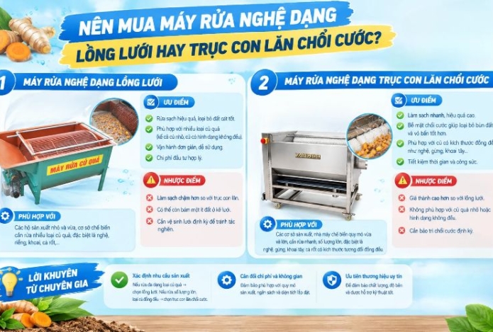 Nên mua máy rửa nghệ dạng lồng lưới hay trục con lăn chổi cước