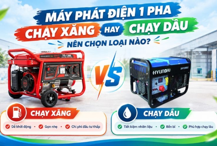 Máy phát điện 1 pha chạy xăng hay dầu: Nên chọn loại nào?
