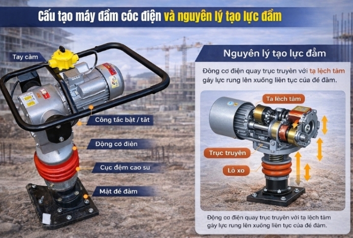 Cấu tạo máy đầm cóc điện và nguyên lý tạo lực đầm siêu chặt