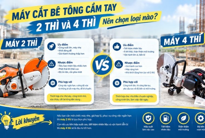Máy cắt bê tông cầm tay 2 thì và 4 thì: Nên chọn loại nào
