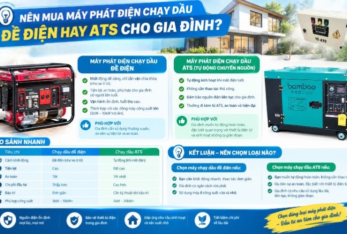 Nên mua máy phát điện chạy dầu đề điện hay ATS cho gia đình