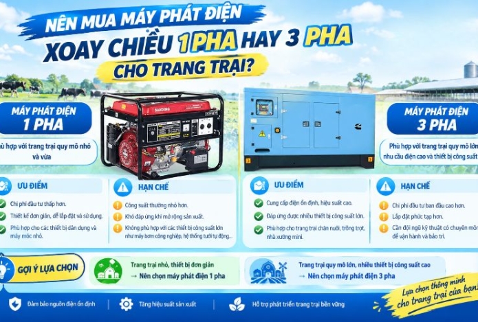 Nên mua máy phát điện xoay chiều 1 pha hay 3 pha cho trang trại