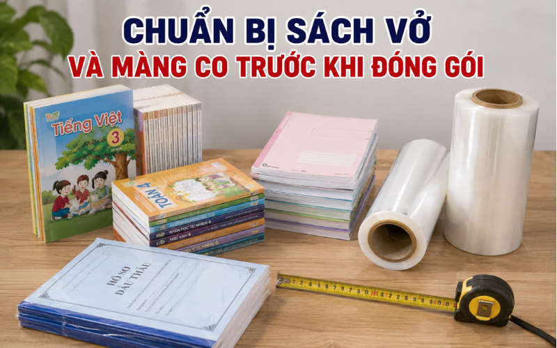 Chuẩn bị sách vở và màng co trước khi đóng gói