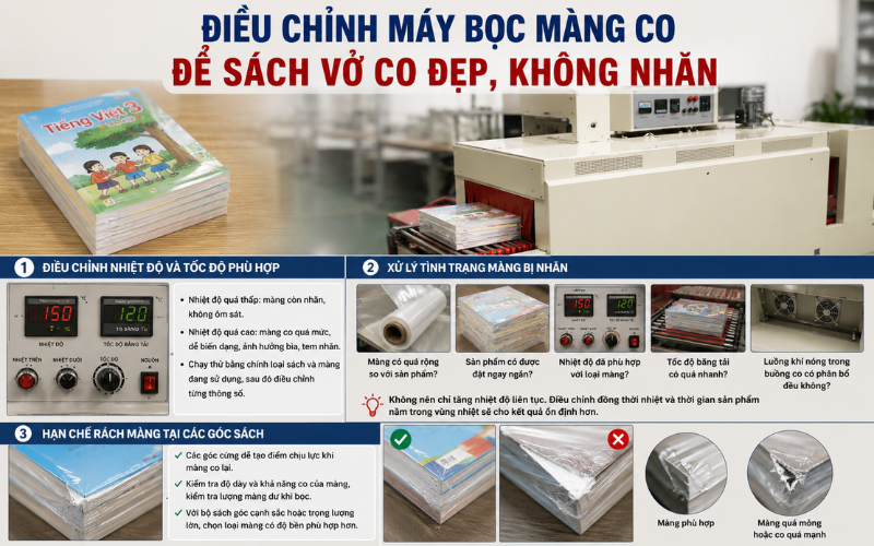 Điều chỉnh máy bọc màng co để sách vở co đẹp, không nhăn