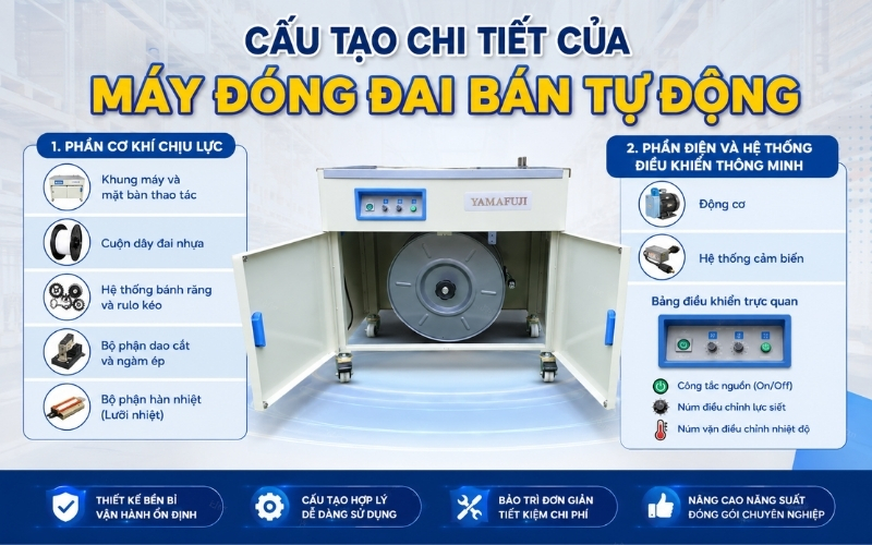 Cấu tạo chi tiết của máy đóng đai bán tự động