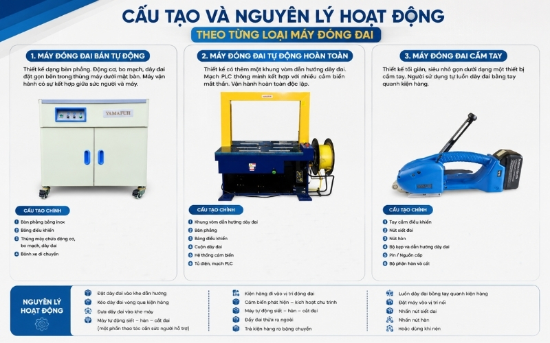 Cấu tạo và nguyên lý hoạt động theo từng loại máy đóng đai