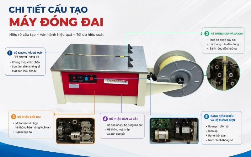 Chi tiết cấu tạo tổng quan của máy đóng đai
