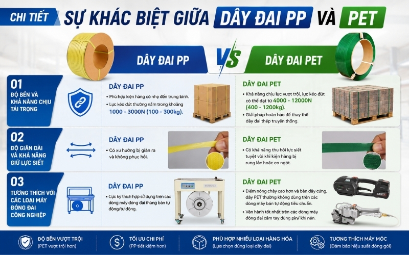 Chi tiết sự khác biệt giữa dây đai PP và PET
