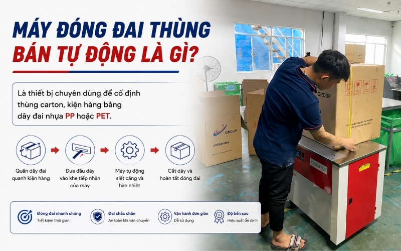 Máy đóng đai thùng bán tự động là gì