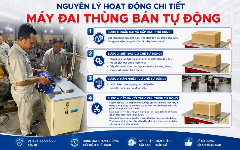 Nguyên lý hoạt động chi tiết máy đai thùng bán tự động