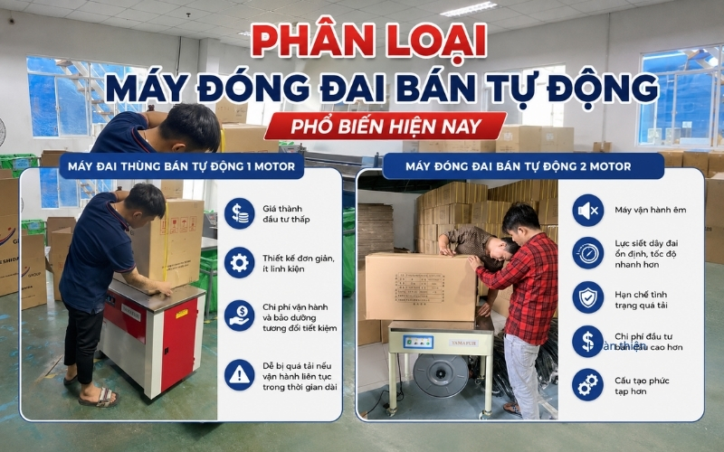 Phân loại máy đóng đai bán tự động phổ biến hiện nay