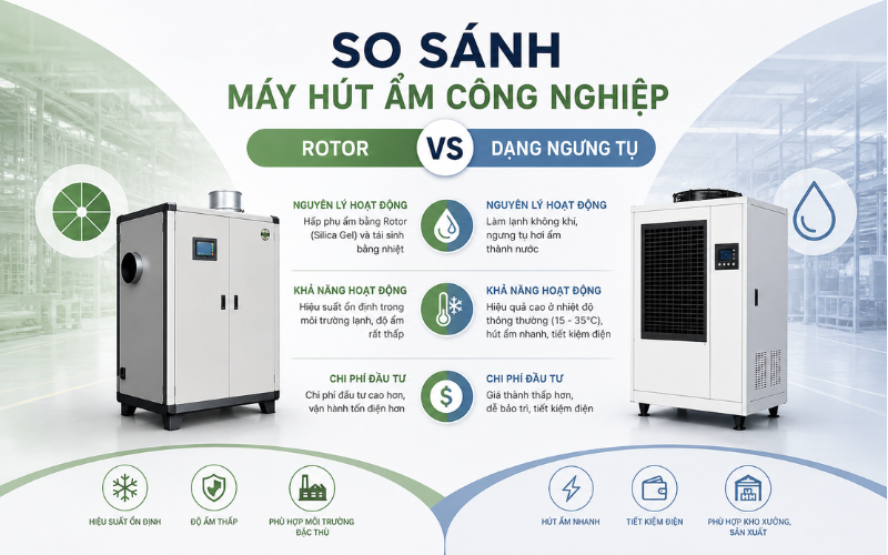 So sánh máy hút ẩm công nghiệp Rotor và máy hút ẩm dạng ngưng tụ