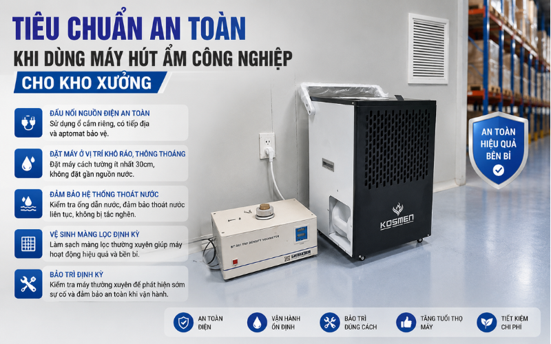 Tiêu chuẩn an toàn khi dùng máy hút ẩm công nghiệp cho kho xưởng