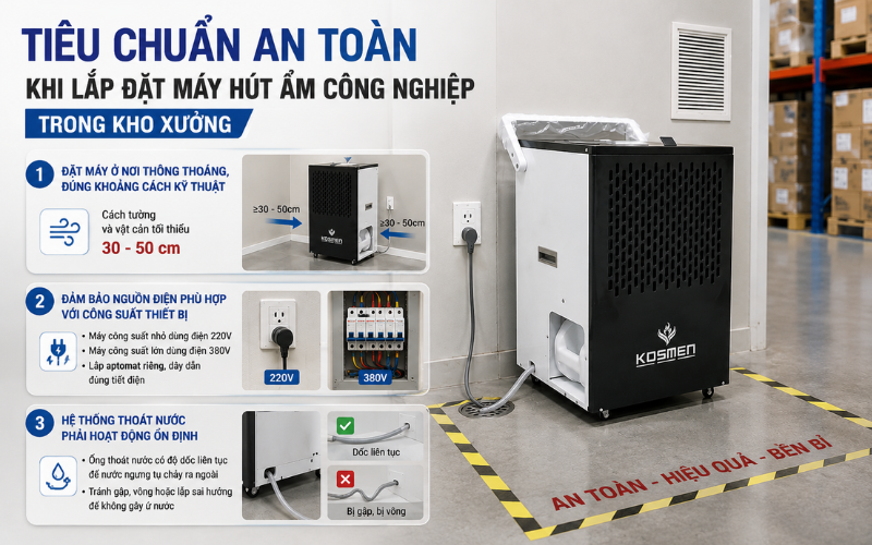 Tiêu chuẩn an toàn khi dùng máy hút ẩm công nghiệp cho kho xưởng
