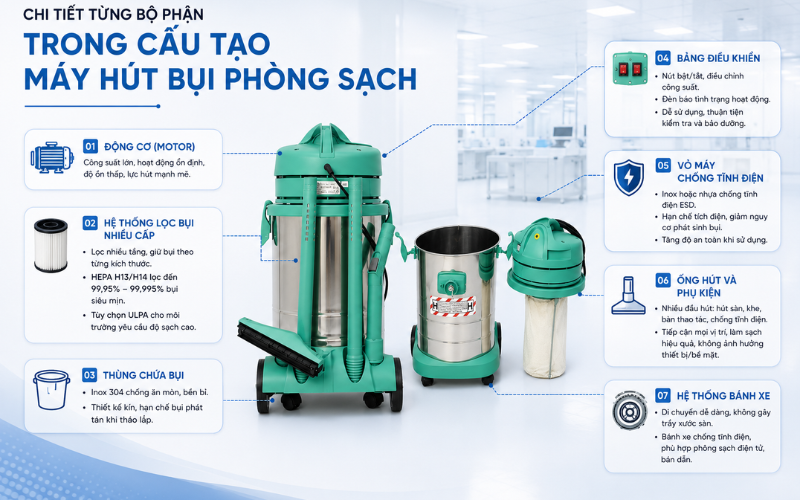 Chi tiết từng bộ phận trong cấu tạo máy hút bụi phòng sạch