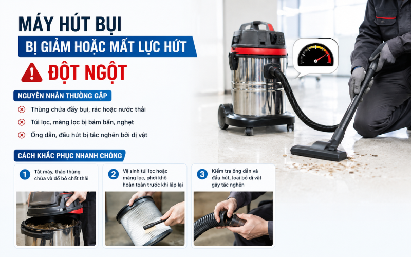 Máy hút bụi bị giảm hoặc mất lực hút đột ngột