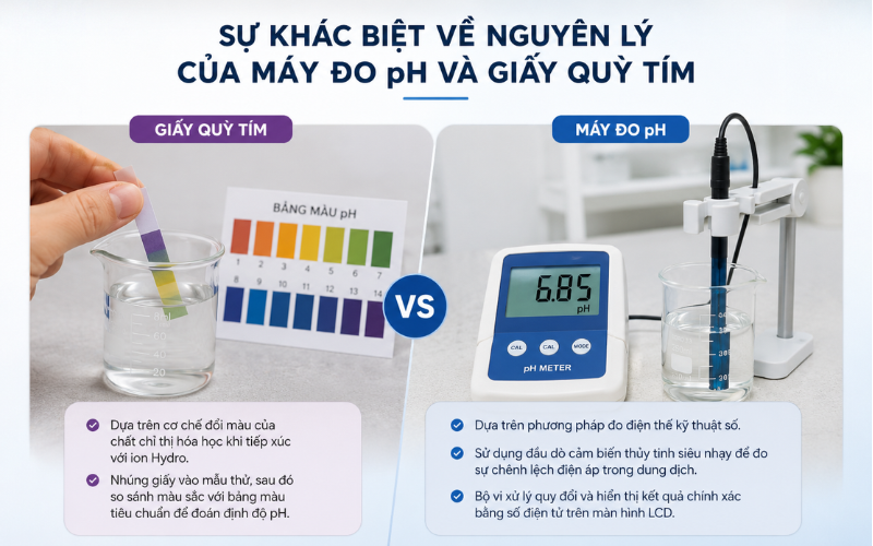 Sự khác biệt về nguyên lý của máy đo pH và giấy quỳ tím