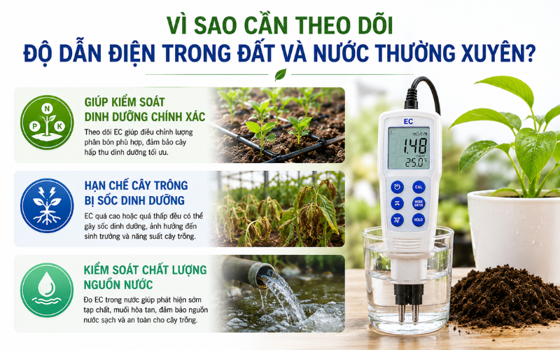 Vì sao cần theo dõi độ dẫn điện trong đất và nước thường xuyên