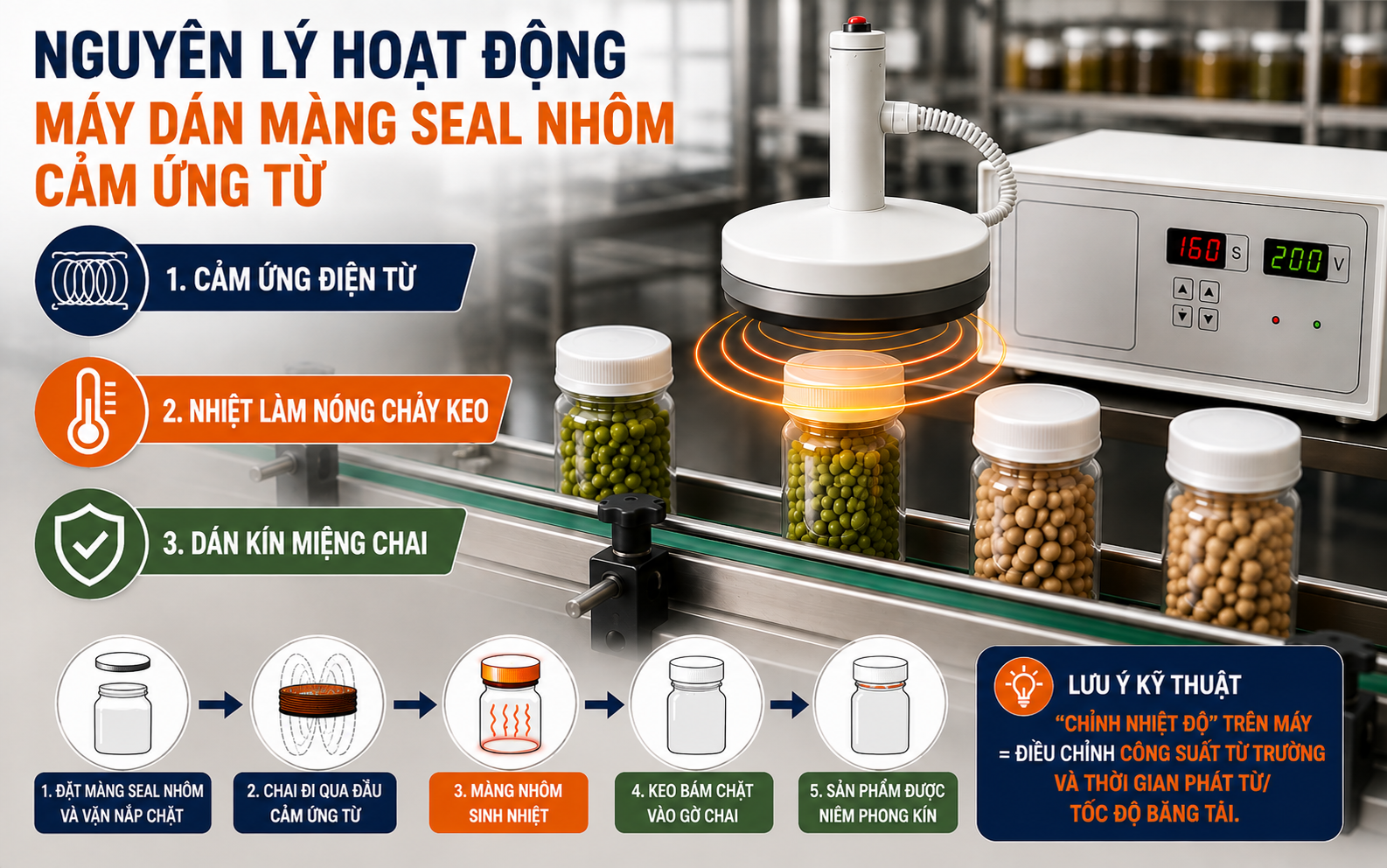 Nguyên lý hoạt động của máy dán màng seal nhôm cảm ứng từ