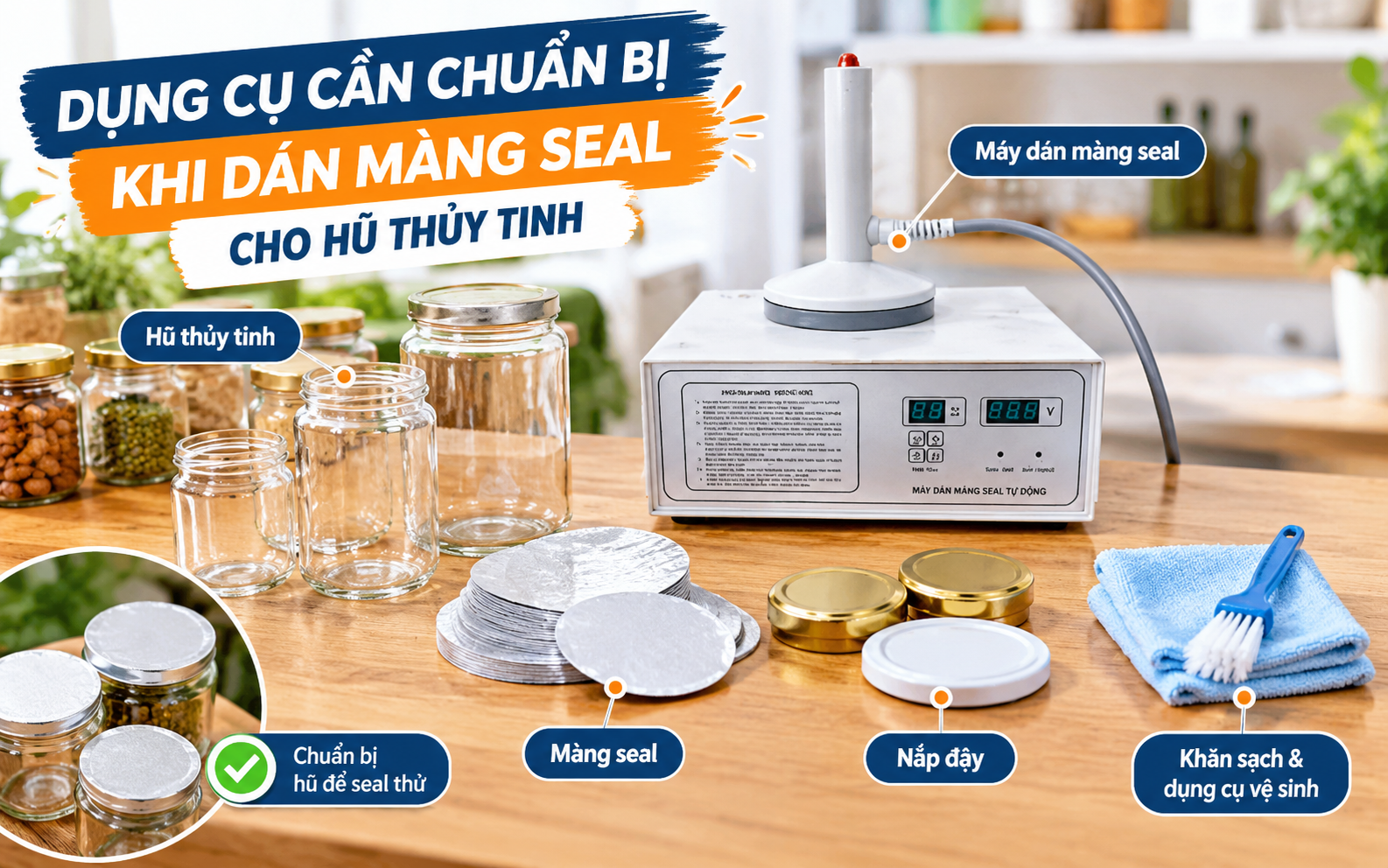  Dụng cụ cần chuẩn bị khi dán màng seal cho hũ thủy tinh
