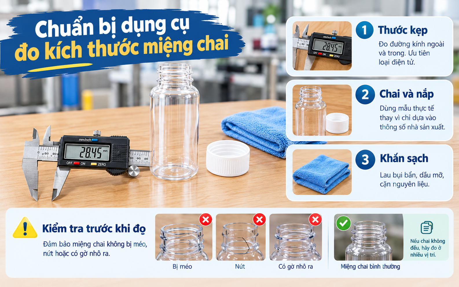 Dụng cụ cần chuẩn bị khi đo kích thước miệng chai
