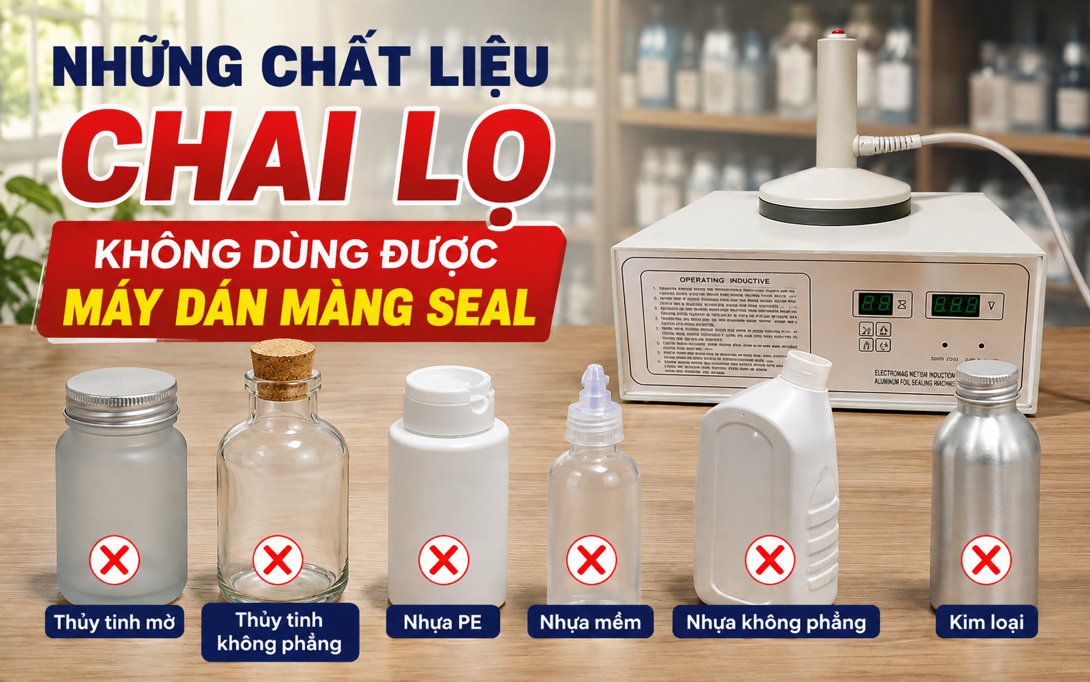Chất liệu chai lọ không dùng được máy dán màng seal