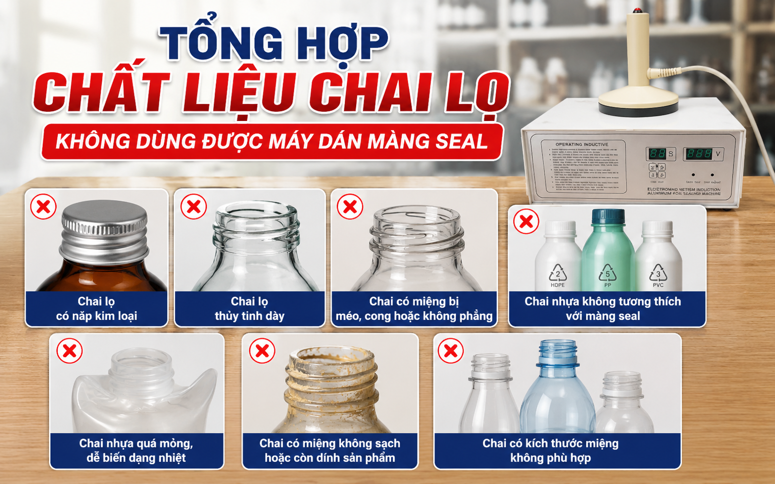 Tổng hợp chất liệu chai lọ không dùng được máy dán màng seal