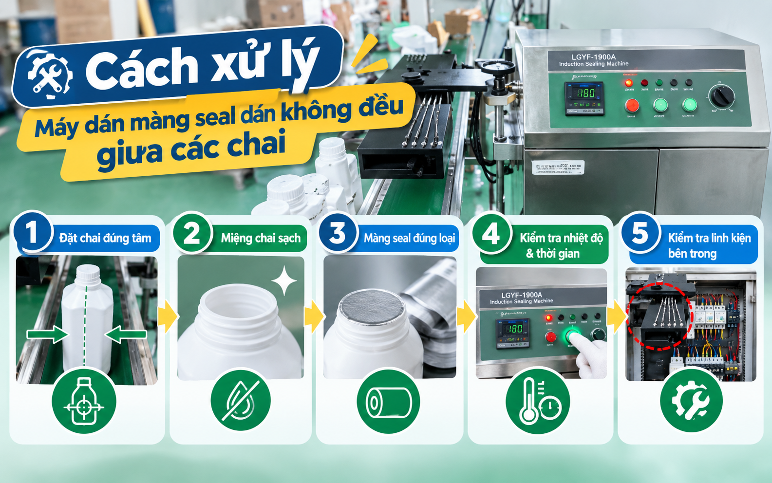 Cách xử lý khi máy dán màng seal dán không đều giữa các chai