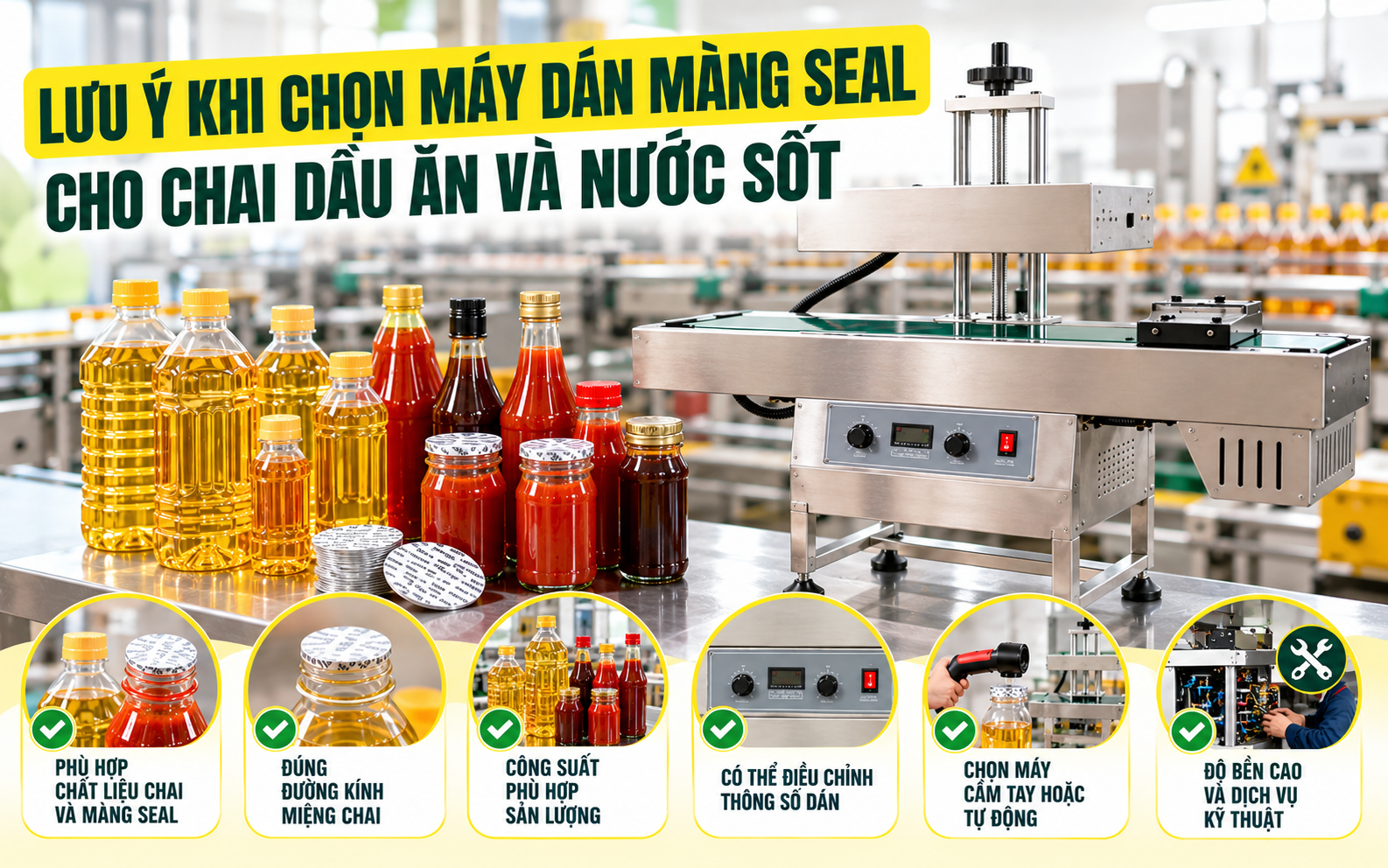 Lưu ý khi chọn máy dán màng seal cho chai dầu ăn và nước sốt