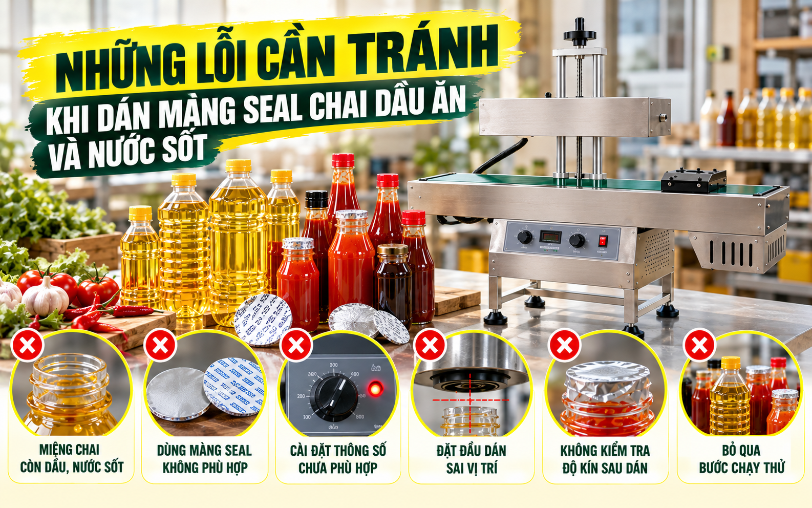 Những lỗi cần tránh khi dán màng seal chai dầu ăn và nước sốt